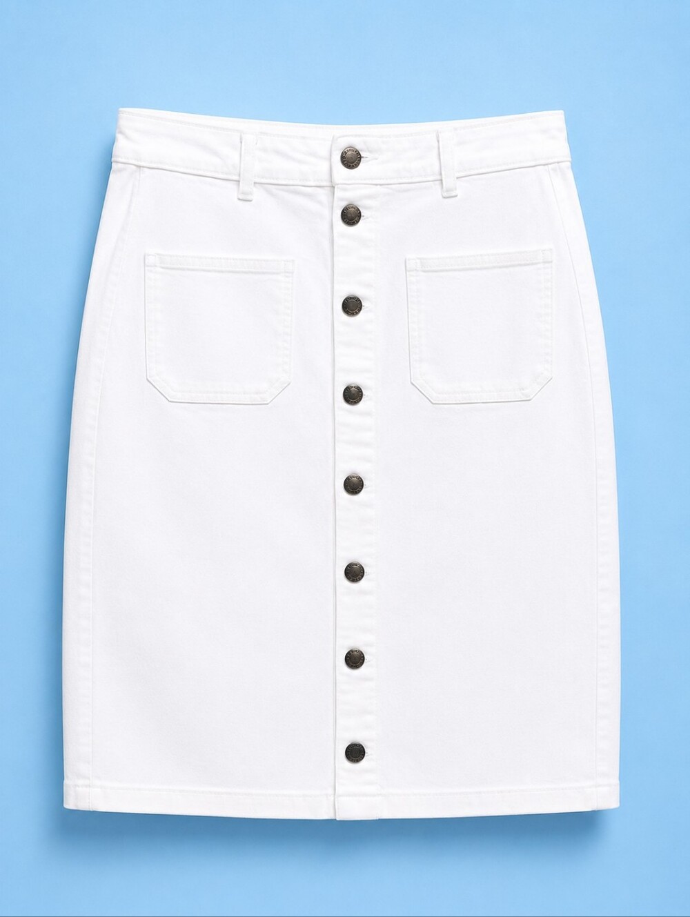 🔥White denim jean knee length cotton stretch Pockets pencil skirt minimilist - Picture 2 of 7